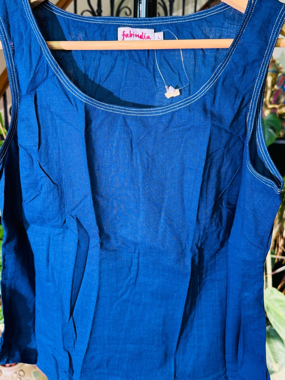 fabindia Indigo Blue Cotton Sleeveless Tank Top with Contrast Stitching